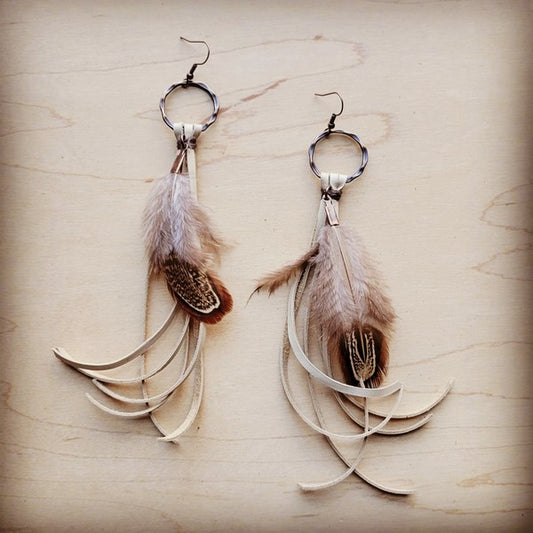 Boho Bone Deer Skin Leather Tassel Earring Feather