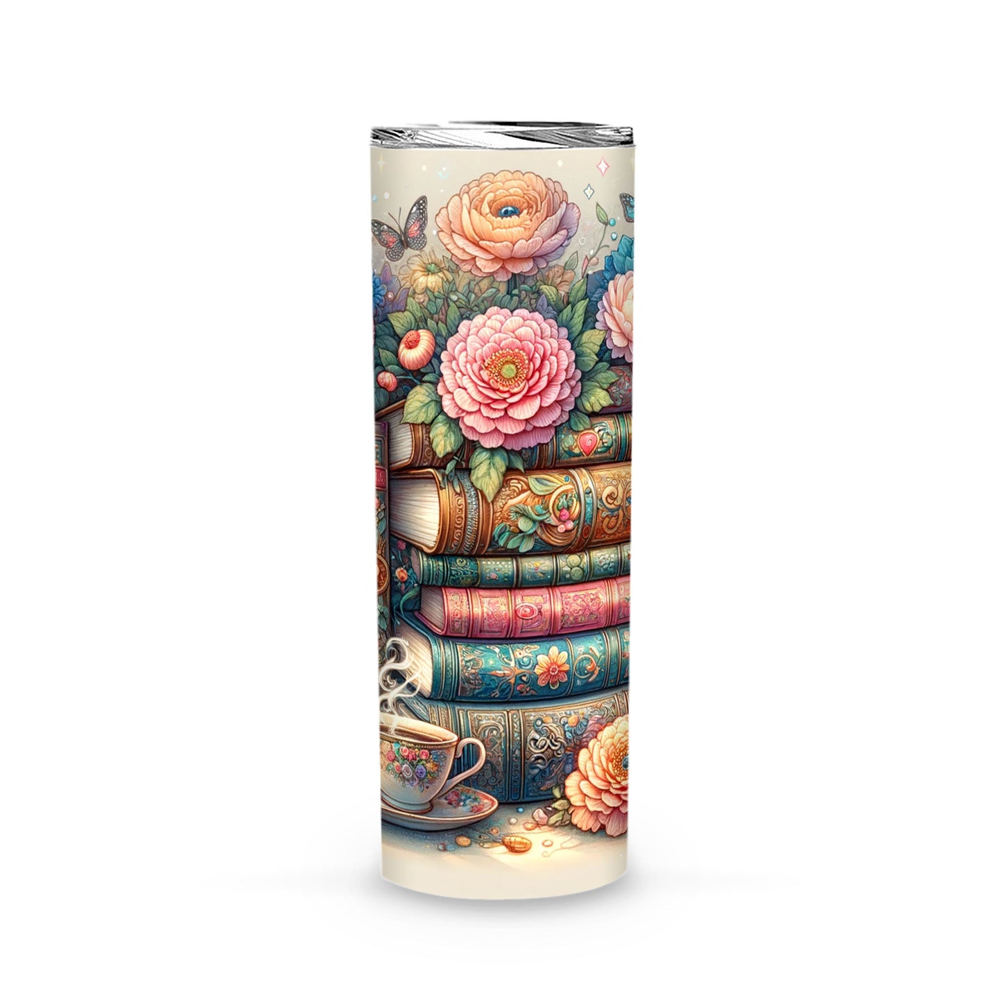 Boho Garden of Stories Tumbler – Vintage Books and Blossoming Dreams