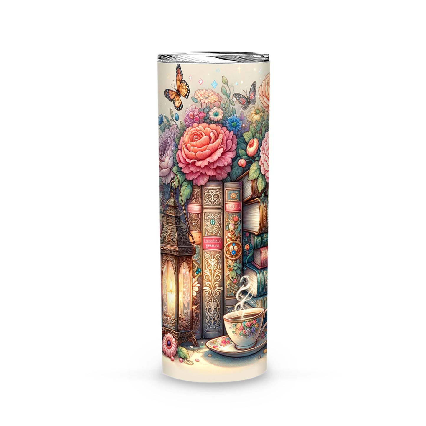 Boho Garden of Stories Tumbler – Vintage Books and Blossoming Dreams