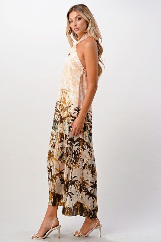 100 Silk Halter maxi dress with palm tree printed