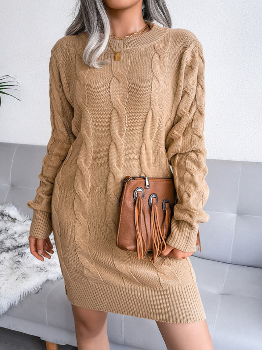 Cable-Knit Long Sleeve Ribbed Trim Mini Sweater Dress (Belt Not Included)