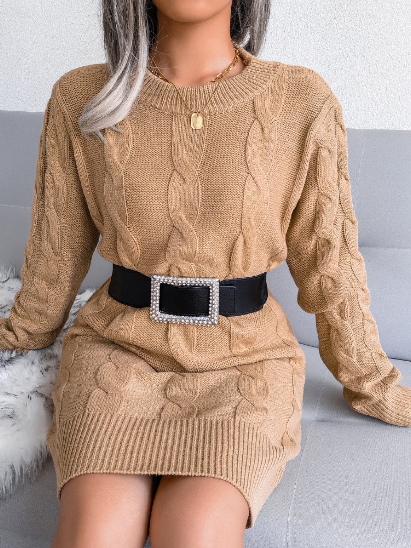 Cable-Knit Long Sleeve Ribbed Trim Mini Sweater Dress (Belt Not Included)